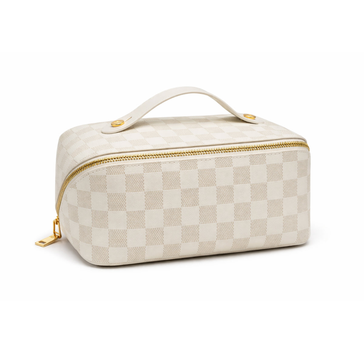 White check flat lay makeup bag
