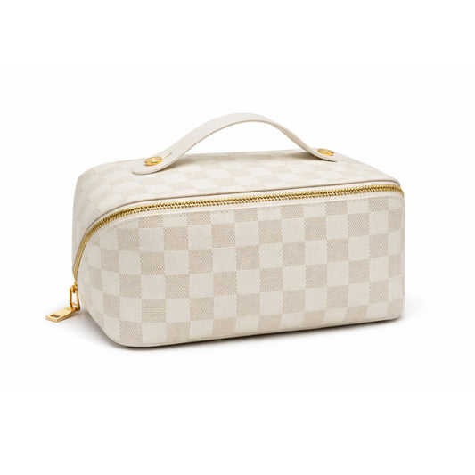 White check flat lay makeup bag
