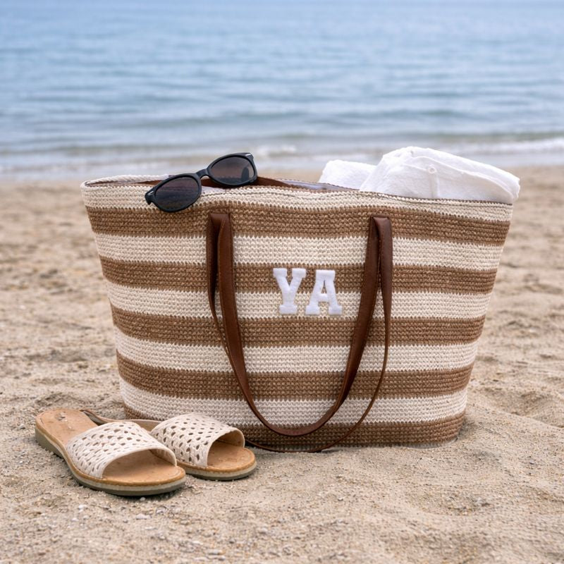 Personalised Patch Beige Brown Stripe Zip Tote Beach Bag