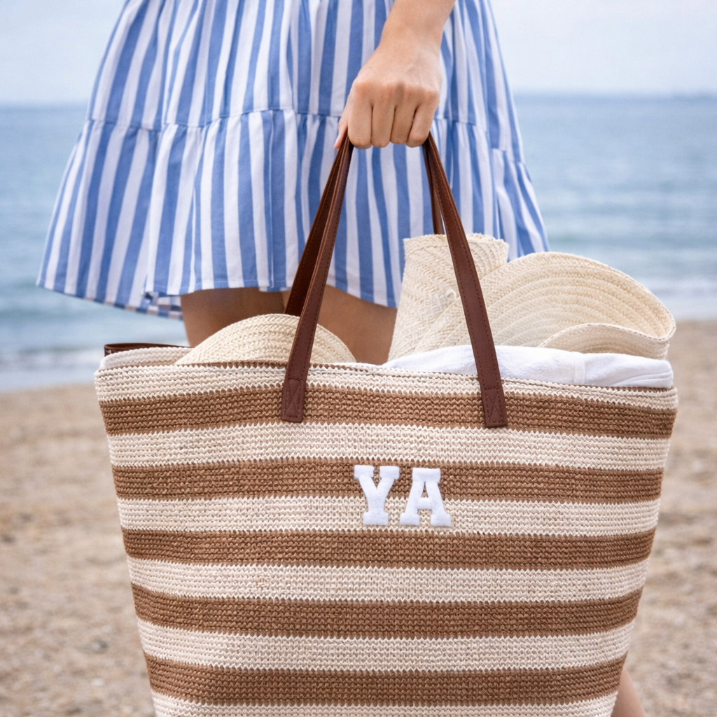 Personalised Patch Beige Brown Stripe Zip Tote Beach Bag