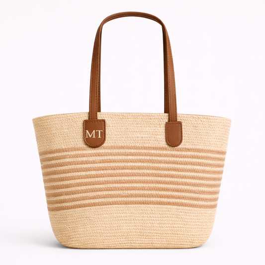 Personalised FLORENCE Beige Stripe Medium Straw Tote Bag