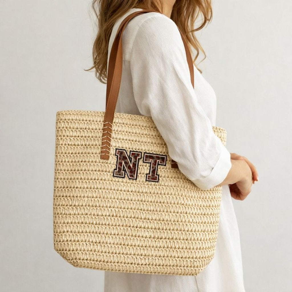 Personalised ROSIE Patch Light Straw Boho Square Shoulder Tote Beach Bag