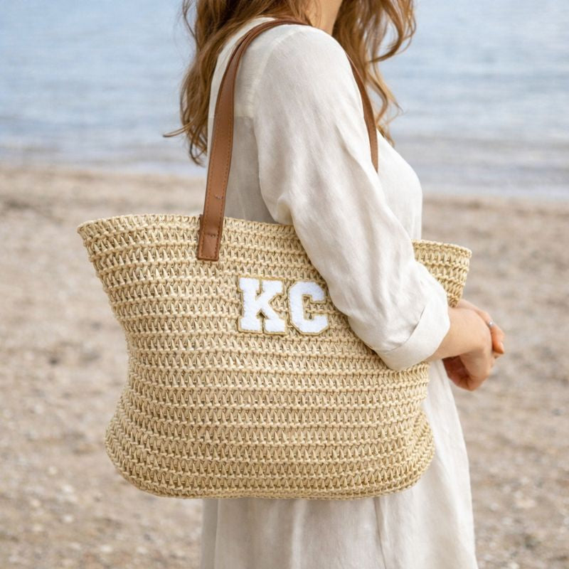 Personalised ROSIE Patch Light Straw Boho Square Shoulder Tote Beach Bag