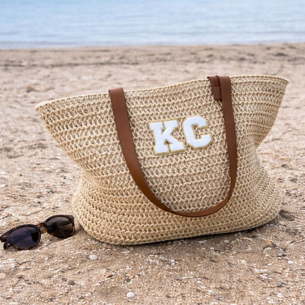 Personalised ROSIE Patch Light Straw Boho Square Shoulder Tote Beach Bag