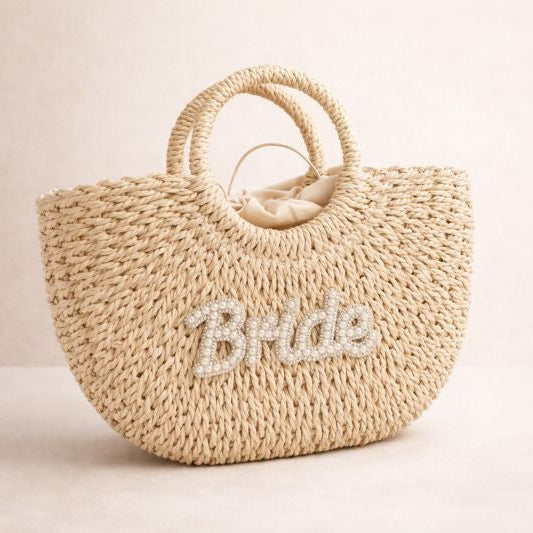 Large Bride Straw Handle Half Moon Semi Circle Basket Drawstring Bag