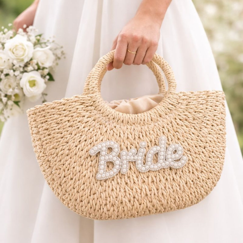 Large Bride Straw Handle Half Moon Semi Circle Basket Drawstring Bag