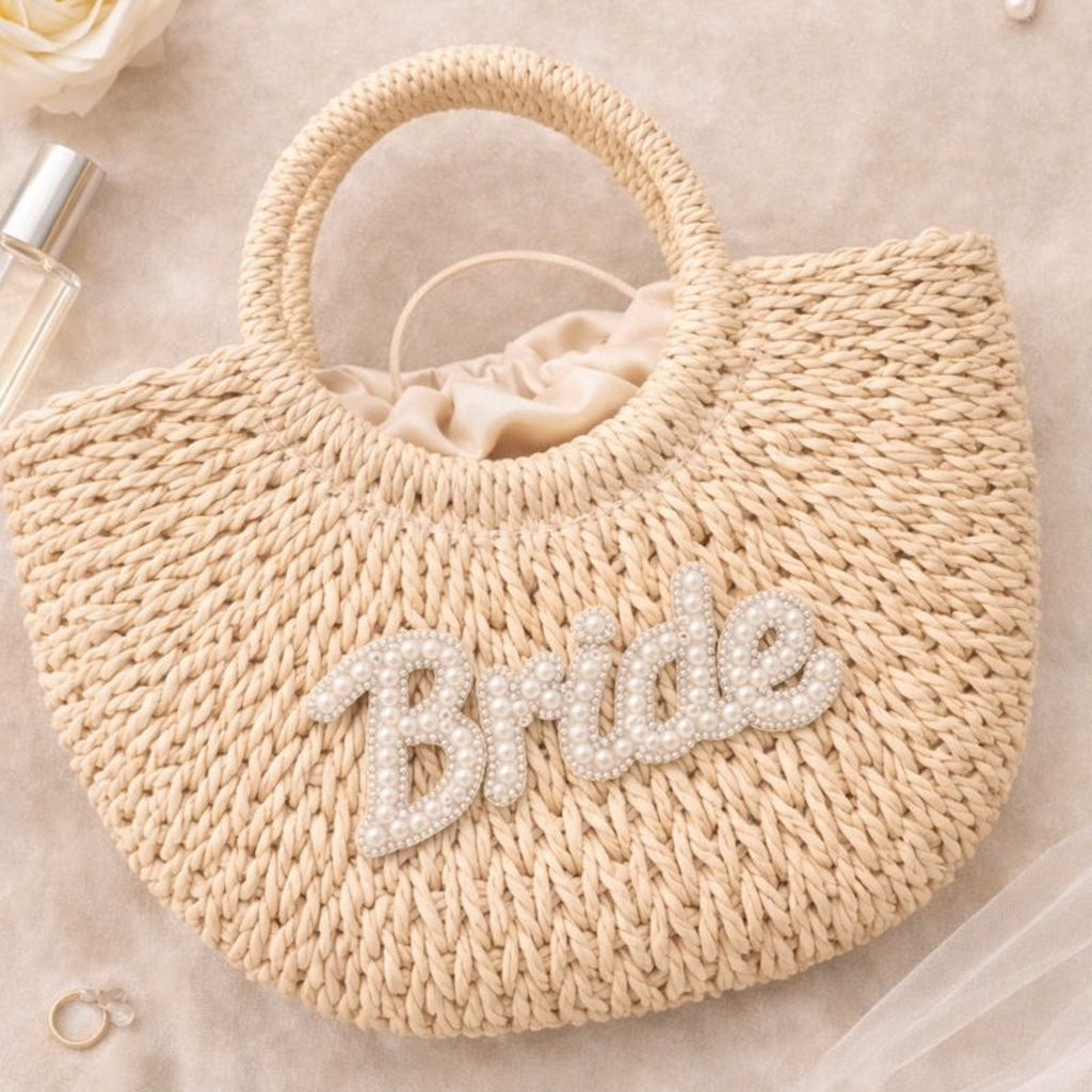 Large Bride Straw Handle Half Moon Semi Circle Basket Drawstring Bag