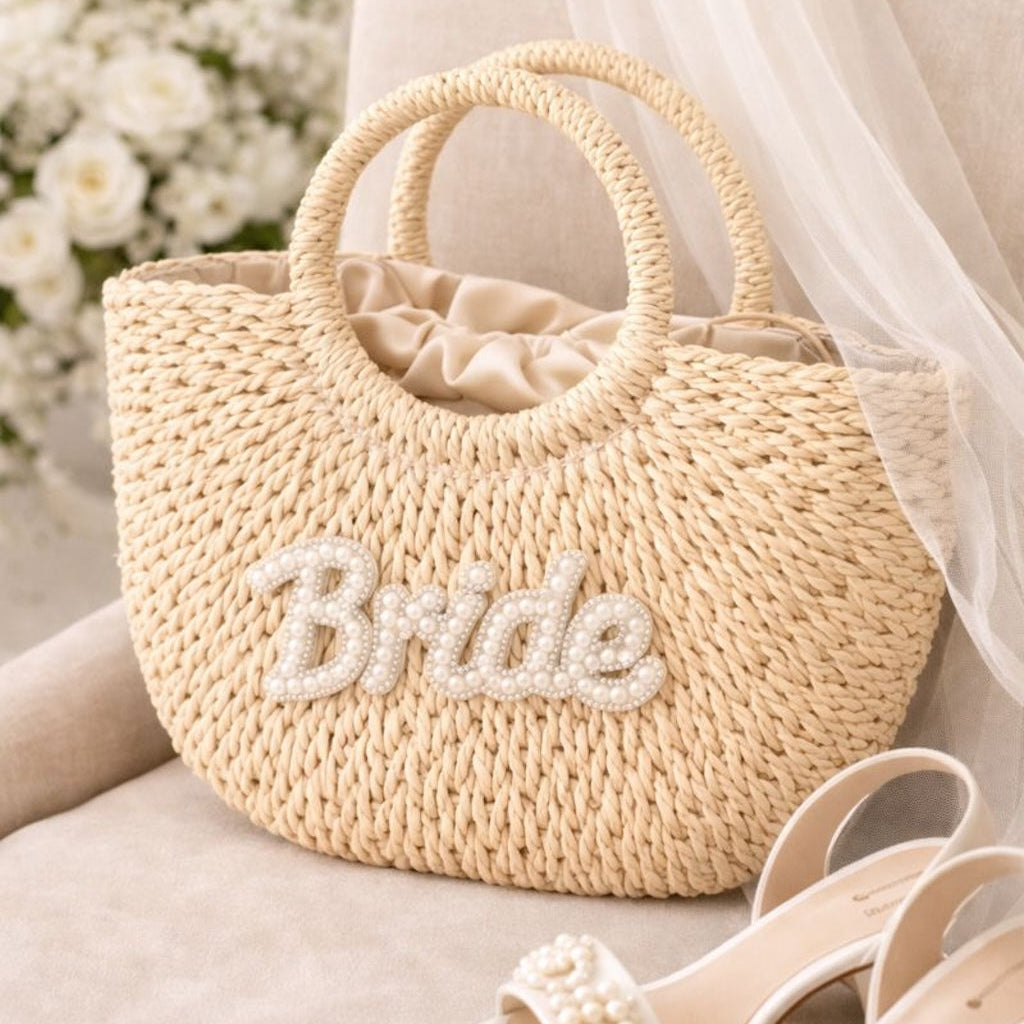 Large Bride Straw Handle Half Moon Semi Circle Basket Drawstring Bag