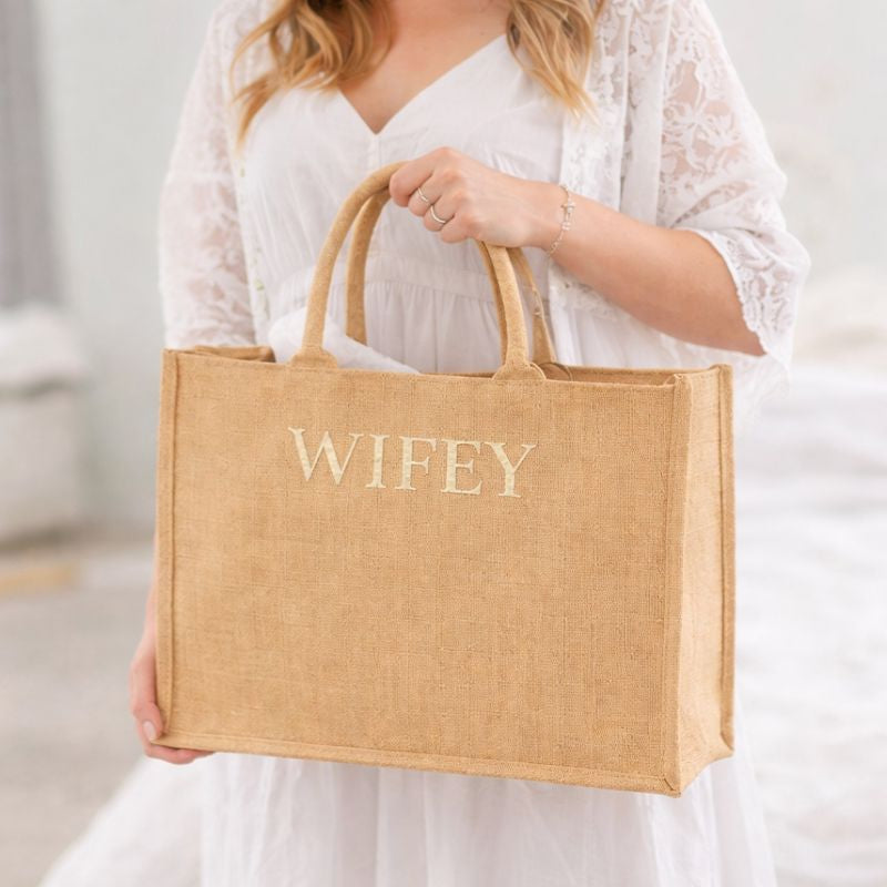 WIFEY Square Gold Reflective Jute Shoulder Beach Shopper Tote Bag