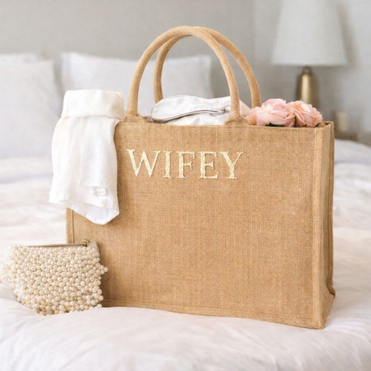 WIFEY Square Gold Reflective Jute Shoulder Beach Shopper Tote Bag