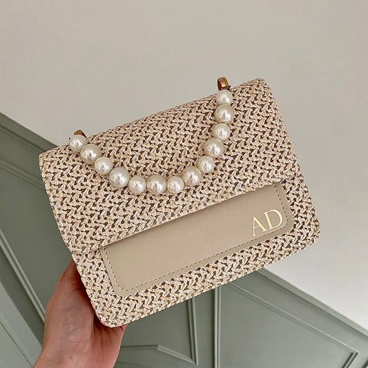 Personalised BETSIE Pearl Straw Clutch Cross Body Bag
