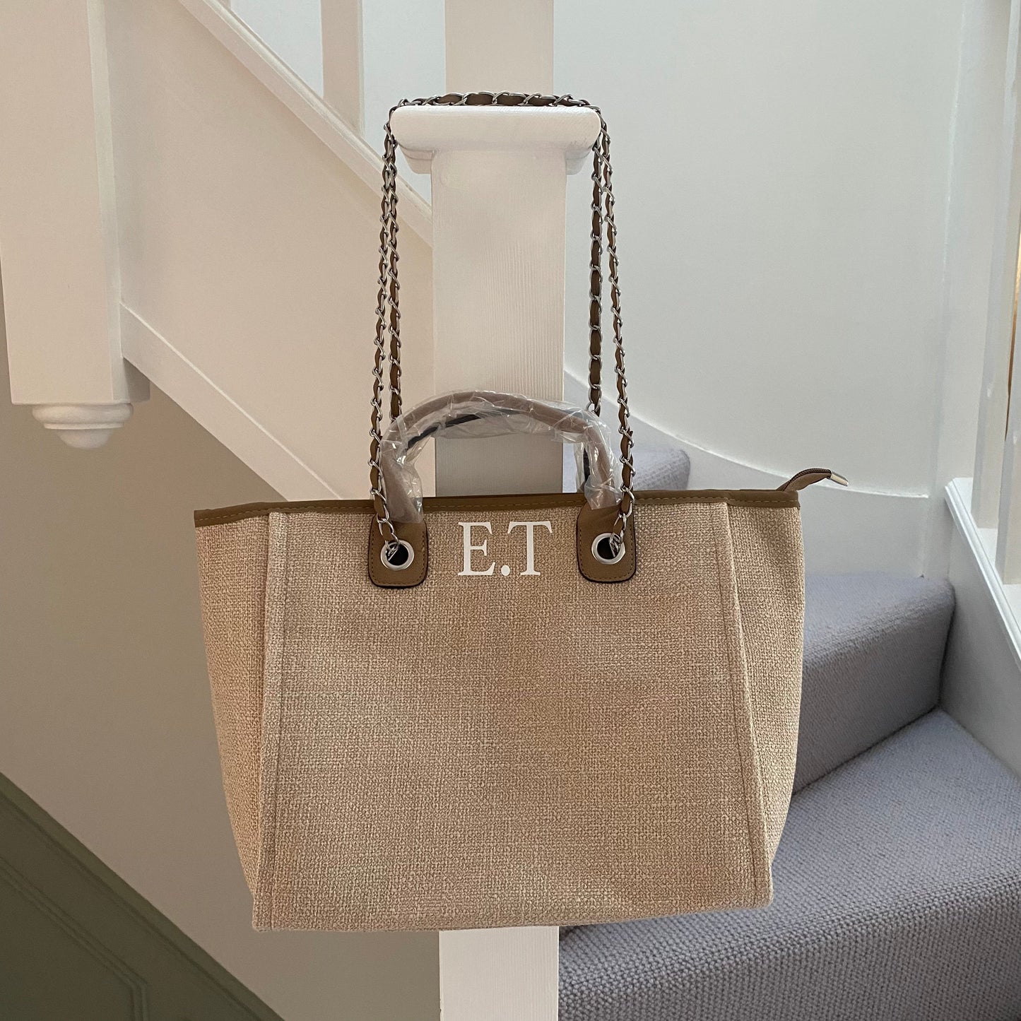 Personalised Beige & Brown Large Chain Initial Tote Bags