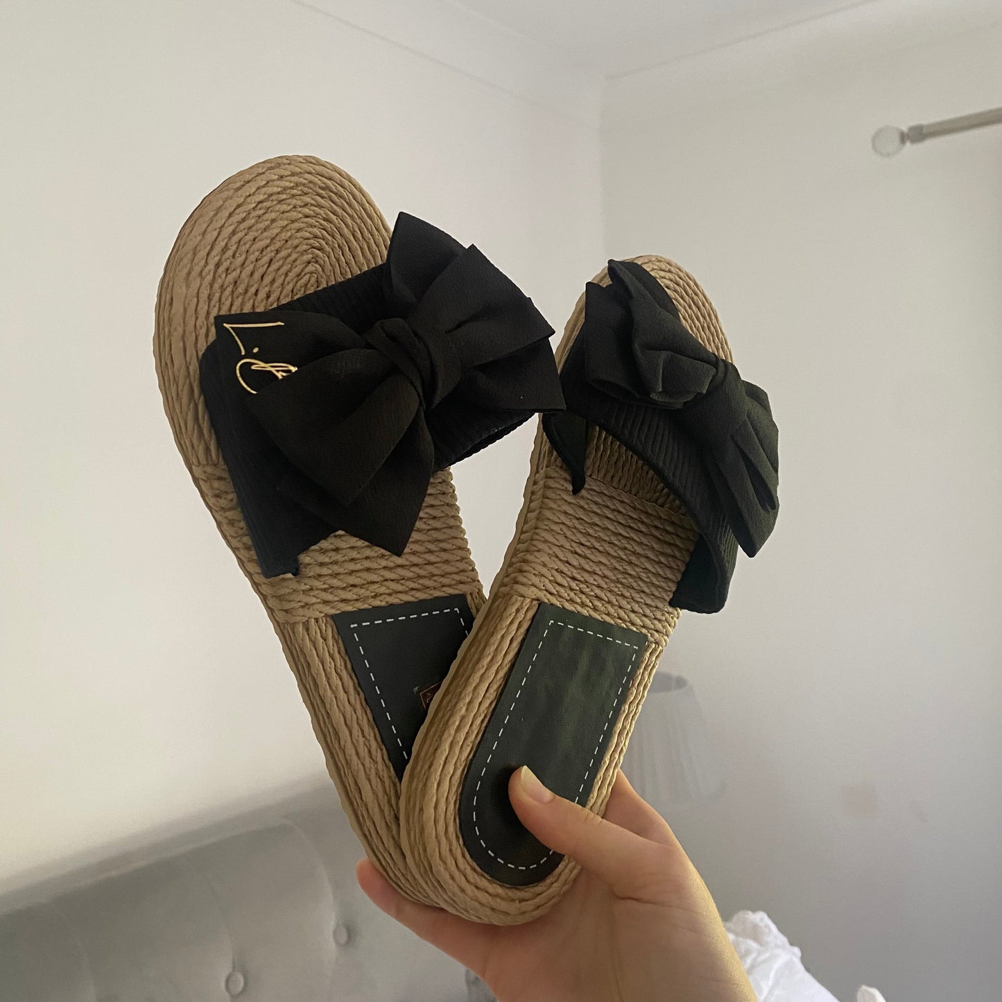 Personalised Black Bow Summer Sliders Sandals
