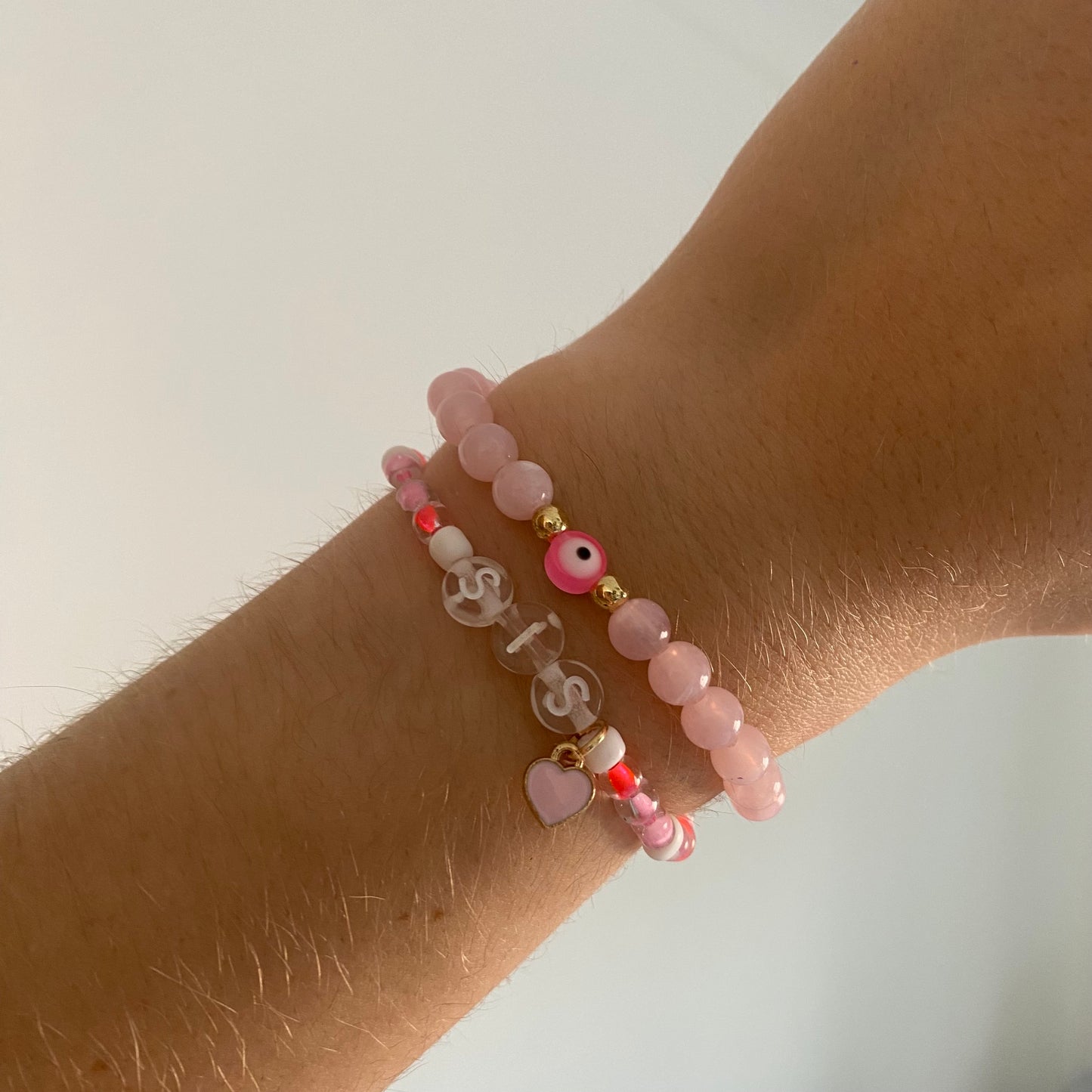 Set #25 Valentines Personalised Pink Neon Evil Eye Heart Dangle Charm Crystal Ball Bracelet Stackers 2pcs Anklet