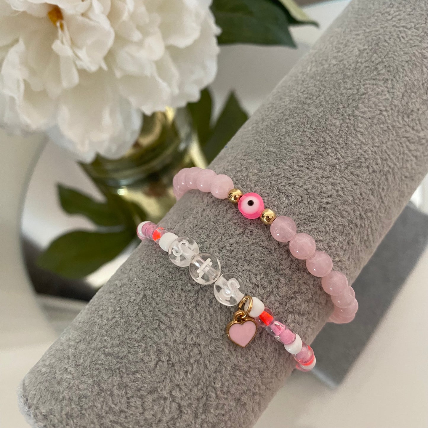 Set #25 Valentines Personalised Pink Neon Evil Eye Heart Dangle Charm Crystal Ball Bracelet Stackers 2pcs Anklet