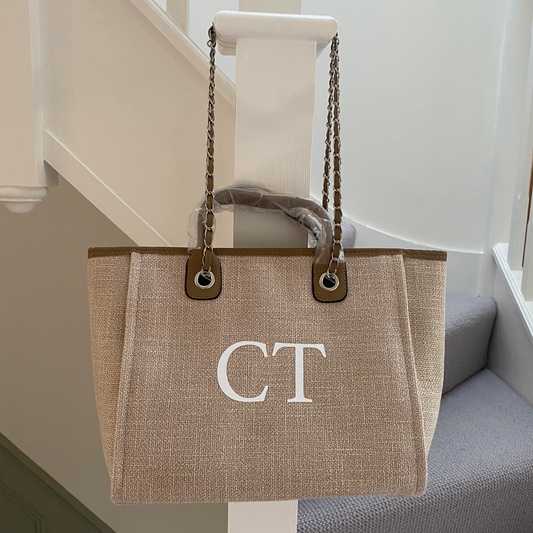 Personalised Beige & Brown Large Chain Initial Tote Bags