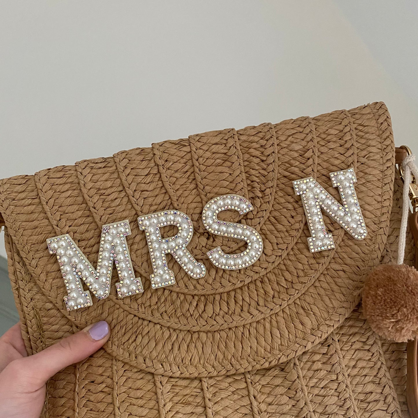 Personalised Straw Gold Pom Pom Clutch Cross Body Bag