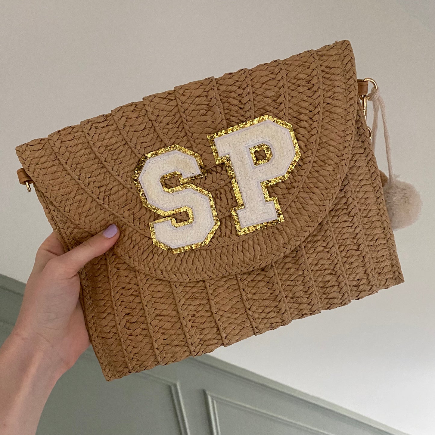 Personalised Straw Gold Pom Pom Clutch Across Body Bag