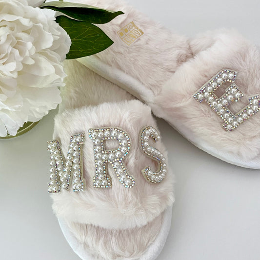 Pearl Patch Fluffy Embroidered Slider Slippers