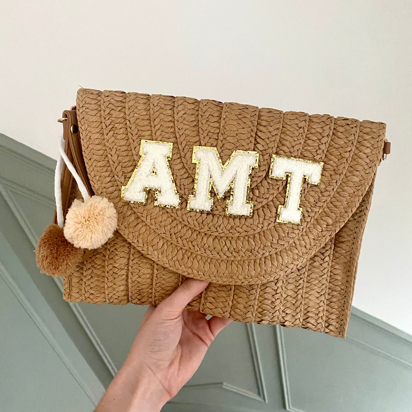 Personalised Straw Gold Pom Pom Clutch Cross Body Bag