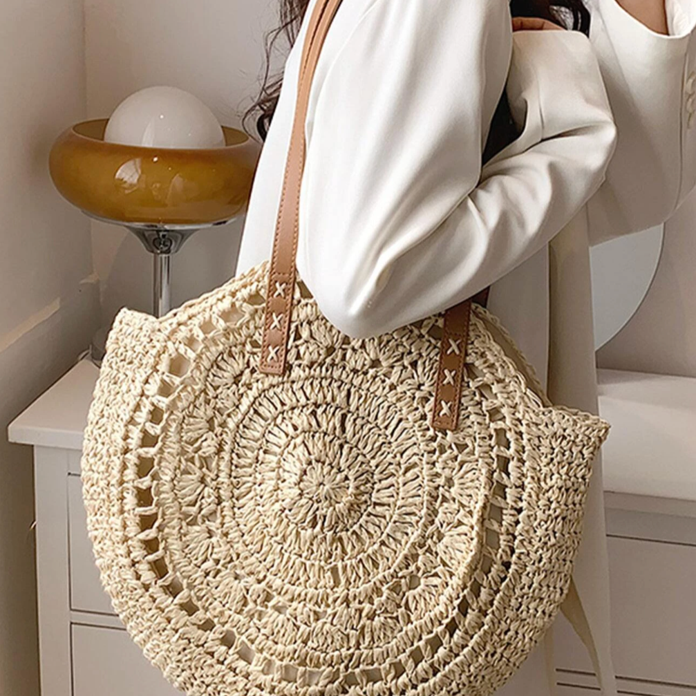 Personalised IRIS Patch Straw Beige Shoulder Tote Beach Bag