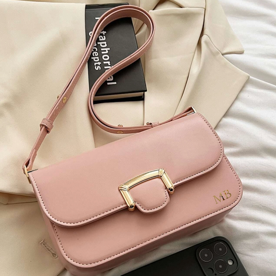 Personalised Pink Buckle Shoulder Cross Body Baguette Bag