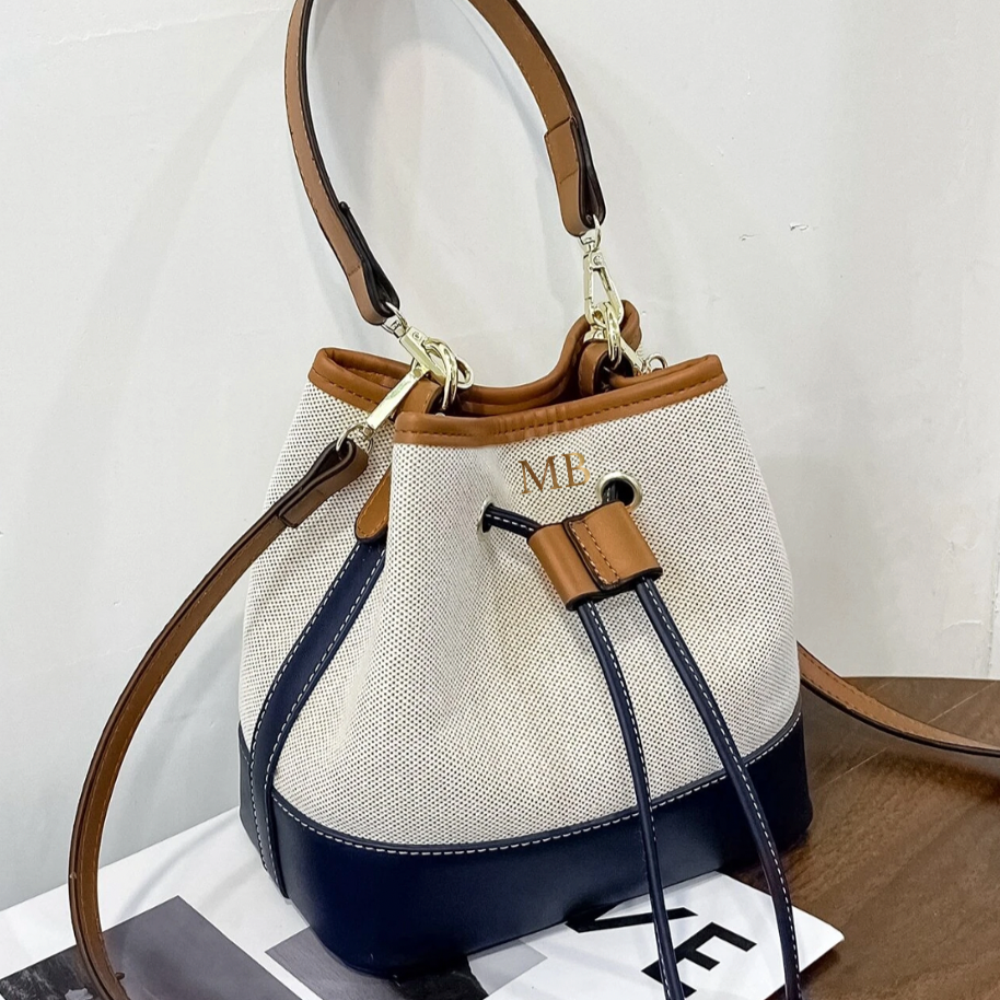 Personalised LEA Drawstring Top Handle Cotton Bucket Bag