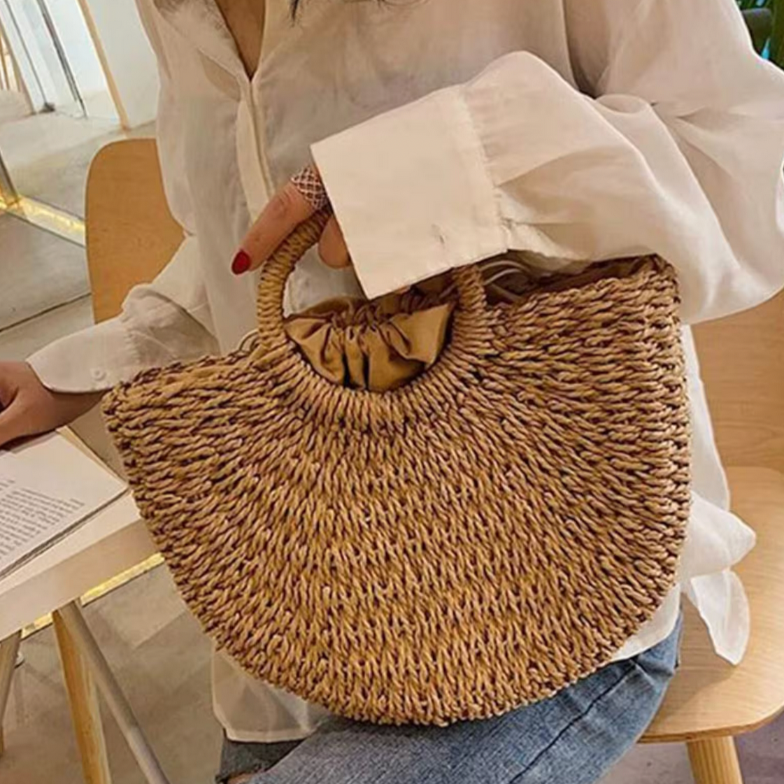 Large Straw Half Moon Semi Circle Basket Drawstring Bag