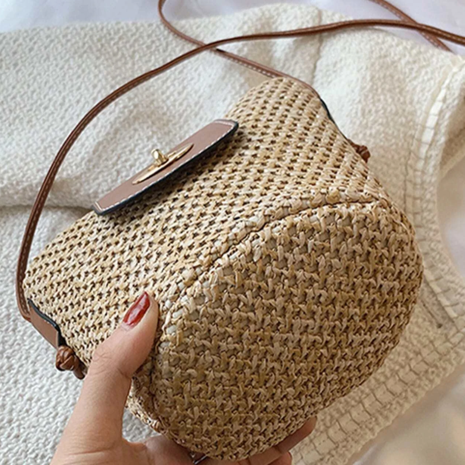 Personalised ZOE Straw Brown Flap Twist Lock Cross Body Bag