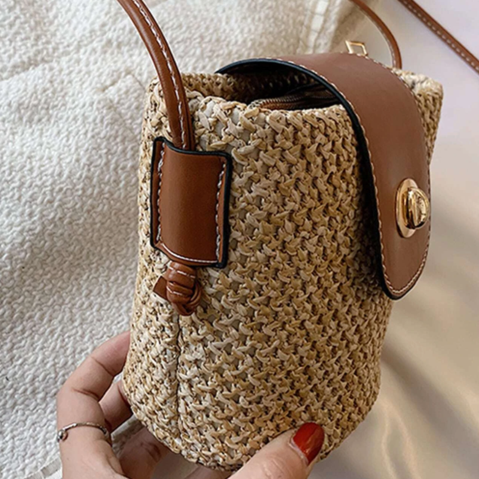 Personalised ZOE Straw Brown Flap Twist Lock Cross Body Bag
