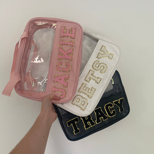 Clear Top Handle Patch Toiletry Makeup Cosmetic Bag