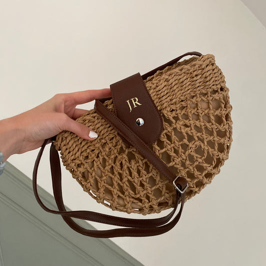 Personalised POPPY Semi Circle Straw Rattan Wicker Tan Brown Cross Body Bag